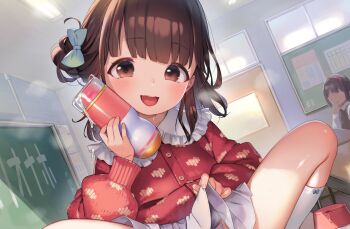 2girls artificial_vagina blush brown_eyes brown_hair cardigan classroom clothes_lift commentary_request flat_chest henreader highres indoors loli looking_at_viewer lotion medium_hair multiple_girls open_mouth original panties panty_peek sex_toy skirt skirt_lift smile socks solo_focus squatting sunlight underwear