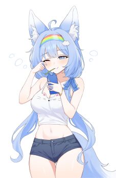 1girl absurdres ahoge animal_ears bare_shoulders blue_hair blue_shorts bow breasts cellphone cleavage closed_mouth commission cowboy_shot crop_top fang fox_ears fox_girl fox_tail hair_bow hair_over_shoulder hand_up highres holding holding_phone large_breasts long_hair looking_at_viewer low_twintails midriff mouth_hold navel one_eye_closed original phone rainbow_hairband shirt short_shorts shorts simple_background sleeveless sleeveless_shirt smartphone solo sora_(isolet_sdvx) spaghetti_strap squeans stomach tail thigh_gap thighs twintails very_long_hair white_background white_shirt ysoa26