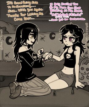 2girls :&lt; :d absurdres annoyed antenna_hair applying_another&#039;s_manicure arm_at_side arm_support ashley_graves bare_arms bare_shoulders bed breasts bright_pupils carpet choker cleavage closed_mouth collarbone commentary crescent_print drawstring english_commentary english_text eye_contact face-to-face film_grain freckles frown full_body greyscale hair_down hair_ornament hair_over_shoulder hairclip hand_up hands_up highres holding_hands indoors julia_(the_coffin_of_andy_and_leyley) long_hair long_sleeves looking_at_another marcieowo midriff monochrome multiple_girls nail_polish navel no_shoes off-shoulder_shirt off_shoulder open_mouth pants parted_bangs pillow pink_eyes profanity raised_inner_eyebrows shirt short_shorts shorts sidelocks simple_background sitting skinny skull_brooch small_breasts smile socks spot_color straight_hair striped_clothes striped_pants stuffed_animal stuffed_rabbit stuffed_toy talking tank_top teeth the_coffin_of_andy_and_leyley thick_eyebrows twitter_username upper_teeth_only v-shaped_eyebrows vertical-striped_clothes vertical-striped_pants wariza window yellow_eyes