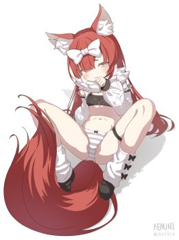 1girl absurdres animal_ear_fluff animal_ears ass black_bra black_shoes blush bow bow_panties bra brown_eyes brown_hair detached_sleeves fox_ears fox_girl fox_tail hair_bow hair_over_one_eye hand_to_own_mouth highres leaning_back loli long_hair n3moni navel no_pants original panties ribbon shoes sitting smile socks solo spread_legs striped_clothes striped_panties tail thigh_strap thighs underwear white_ribbon white_sleeves white_socks