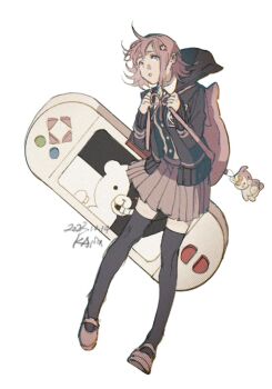 1girl artist_name backpack bag black_jacket black_shirt black_thighhighs bow buttons charm_(object) collared_shirt commentary_request danganronpa_(series) danganronpa_2:_goodbye_despair dated disappearoften emblem full_body hair_between_eyes hair_ornament handheld_game_console hands_up highres hood hooded_jacket jacket long_sleeves looking_at_viewer monokuma monomi_(danganronpa) nanami_chiaki neck_ribbon open_clothes open_jacket open_mouth pink_bag pink_eyes pink_hair pink_ribbon pink_shoes pleated_skirt purple_skirt ribbon shirt shoes short_hair simple_background skirt solo standing stuffed_animal stuffed_toy teddy_bear thighhighs white_background yellow_bow