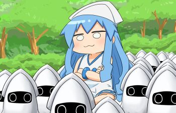 1girl :3 blooper_(mario) blue_hair crossed_arms dinonix ikamusume long_hair mario_(series) nintendo outdoors parody shikanoko_nokonoko_koshitantan shinryaku!_ikamusume solid_oval_eyes squid tentacle_hair