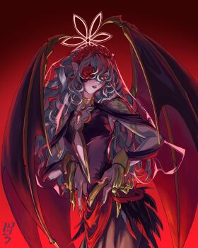 1girl animal_ears bat_ears bat_girl bat_wings black_dress black_eyeshadow black_lips bride brooch commentary dress embla_(closed-off_bride)_(fire_emblem) embla_(fire_emblem) eyeshadow fire_emblem fire_emblem_heroes flat_chest flower flower_eyepatch gem gold_trim grey_hair halo highres jewelry lace-trimmed_eyepatch lipstick long_hair lyushuo makeup mature_female messy_hair nintendo official_alternate_costume pale_skin red_background red_flower red_gemstone red_halo red_nails red_rose rose signature solo wedding_dress wings