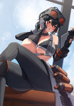 1girl absurdres ahoge areola_slip asymmetrical_gloves bare_shoulders black_choker black_gloves black_hair black_pants black_sports_bra blue_sky blush breasts cameltoe choker cleavage collarbone commentary construction_site crossed_legs day explosive fingerless_gloves fishnet_gloves fishnets gloves goggles goggles_on_head grace_howard grenade hair_between_eyes highres holding holding_tablet_pc jiang_(kplrt_07) large_breasts long_hair looking_at_object mismatched_gloves outdoors pants parted_lips ponytail red_eyes sidelocks single_bare_shoulder sitting sky solo sports_bra stomach sunlight sweat tablet_pc thick_thighs thighs underboob wiping_face wiping_sweat wiping_with_clothes zenless_zone_zero zipper_pull_tab