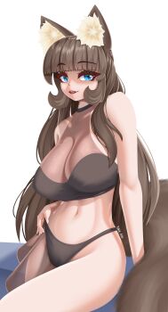 Rule 34 | 1girl, absurdres, animal ear fluff, animal ears, blue eyes, bra, breasts, brown hair, cat ears, cat girl, cat tail, cleavage, fang, hair over shoulder, halterneck, highres, large breasts, long hair, looking at viewer, midriff, open mouth, original, see-through clothes, shiny skin, side skirts, simple background, skin tight, smile, stomach, tail, takie, takie arts, thighs, underwear, very long hair
