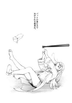 1girl baseball_bat coat commentary_request covered_mouth cutoffs falling full_body gakuen_idolmaster hair_ornament hairclip highres idolmaster implied_tripped long_sleeves midriff navel open_clothes open_coat sakayama_shinta shinosawa_hiro shoes shorts single_bare_foot single_shoe solo translation_request unworn_shoes