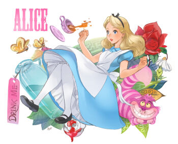 Rule 34 | 1girl, alice (disney), alice in wonderland (disney), animal, ano (sbee), apron, artist name, blonde hair, blue dress, blue eyes, bottle, bug, butterfly, cat, character name, cheshire cat (disney), commentary request, cup, dress, flower, hair ornament, hair ribbon, highres, insect, leaf, long hair, mary janes, mushroom, paint, pantyhose, plant, ribbon, rose, saucer, shoes, simple background, solo focus, tag, tea, teacup, white background, white pantyhose
