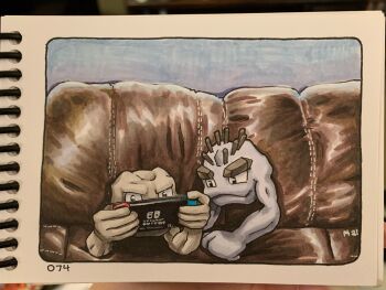 Rule 34 | alolan form, alolan geodude, commentary, couch, english commentary, gen 1 pokemon, gen 7 pokemon, geodude, handheld game console, highres, holding, holding handheld game console, iwilltryalittlearter, marker (medium), nintendo, nintendo switch, no humans, on couch, photo (medium), pokemon, pokemon (creature), regional and normal, traditional media