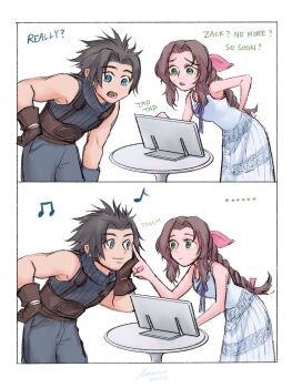 ... 1boy 1girl aerith_gainsborough black_gloves black_hair blue_eyes blue_pants blue_sweater braid braided_ponytail brown_gloves brown_hair couple cowboy_shot crisis_core:_final_fantasy_vii dated dress english_text final_fantasy final_fantasy_vii finger_to_another&#039;s_cheek gloves green_eyes hair_ribbon hetero leaning_forward linono long_hair looking_at_another musical_note pants parted_bangs pink_ribbon ponytail ribbon short_hair sleeveless sleeveless_dress sleeveless_turtleneck spiked_hair square_enix suspenders sweatdrop sweater turtleneck turtleneck_sweater zack_fair