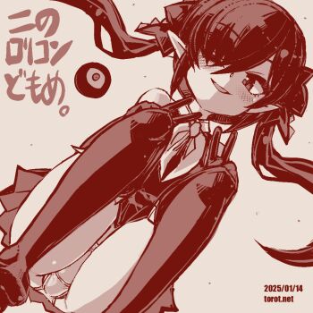 1girl ;) backbeako_(torotei) backbeard blush commentary dated dated_commentary double_v dress dutch_angle elbow_gloves feet_out_of_frame gegege_no_kitarou gloves hair_over_one_eye hair_ribbon kono_lolicon_domome loli long_hair looking_at_viewer monochrome neckerchief no_shoes one_eye_closed original paid_reward_available panties parted_lips pointy_ears ribbon simple_background sleeveless sleeveless_dress smile solo squatting thighhighs torotei translated twintails underwear v watermark web_address white_background