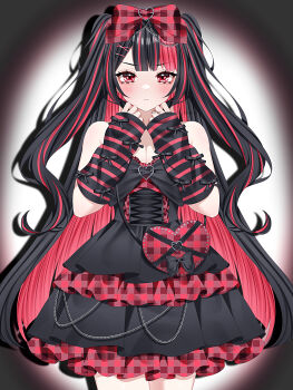 1girl absurdres arms_up artist_name bag bare_shoulders black_bow black_dress black_hair black_sleeves bow breasts buckle chain cleavage closed_mouth colored_inner_hair commentary cowboy_shot detached_sleeves dress dress_bow frilled_skirt frills gothic_lolita heart heart-shaped_bag heart-shaped_buckle highres layered_skirt lolita_fashion long_hair looking_at_viewer medium_breasts multicolored_hair original parted_bangs plaid_bag plaid_bow plaid_clothes plaid_skirt red_bag red_bow red_dress red_eyes red_hair red_streaks shadow shoulder_bag skirt sleeves_past_wrists solo spotlight standing streaked_hair striped_sleeves symbol-only_commentary two-tone_dress two-tone_hair two_side_up very_long_hair wanko_(yurika0320)