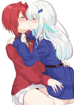 2girls absurdres ange_katrina ange_katrina_(1st_costume) arm_around_waist black_panties blue_hair blue_shirt blue_skirt blush cardigan closed_eyes commentary_request dress hair_between_eyes hair_intakes hair_ornament hand_on_another&#039;s_shoulder highres kiss lize_helesta lize_helesta_(4th_costume) long_bangs long_hair long_sleeves medium_hair miniskirt multicolored_hair multiple_girls nijisanji panties pleated_skirt red_cardigan red_hair sailor_collar shirt short_dress sidelocks simple_background sitting skirt straddling streaked_hair thigh_straddling two-tone_hair underwear viet_(yomi0556) virtual_youtuber white_background white_dress white_hair white_sailor_collar yuri