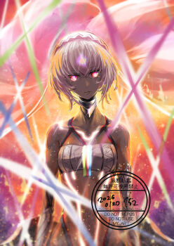 152_in_can 1girl altera_(fate) bare_shoulders breasts choker closed_mouth commentary dark-skinned_female dark_skin detached_sleeves fate/grand_order fate_(series) glowing glowing_eyes highres looking_at_viewer navel red_eyes revealing_clothes short_hair small_breasts solo tattoo veil white_hair