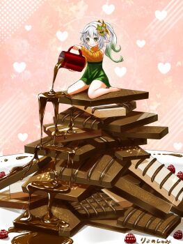 Rule 34 | 1girl, alternate costume, blush, chocolate, chocolate syrup, closed mouth, commentary request, cross-eyed, cup, full body, genshin impact, gradient hair, green eyes, green hair, green skirt, hair ornament, han (riyonosyumi), heart, highres, holding, holding cup, long hair, multicolored hair, nahida (genshin impact), pointy ears, pouring, side ponytail, sitting, skirt, smile, solo, wariza, white hair