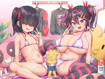 2girls ariduka_anto ariduka_formica bikini black_hair breasts doll highres huge_breasts kanabun large_breasts loli lube mole multiple_girls oppai_loli peace_symbol purple_eyes ribbon sexually_suggestive sitting small_breasts spread_legs swimsuit thighhighs twintails virtual_ant_channel virtual_youtuber white_bikini