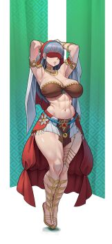 1girl abs absurdres arched_bangs armpits arms_behind_head bandeau blindfold blunt_bangs breasts brown_bandeau brown_skirt choker commentary commission covered_eyes english_commentary feet full_body gladiator_sandals gold_choker grey_hair highres large_breasts long_hair miniskirt muscular muscular_female navel original parted_lips pixiv_commission pleated_skirt sandals seventeencrows skirt solo toes two-tone_skirt white_skirt