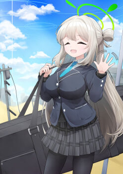 1girl :d absurdres black_jacket black_pantyhose black_skirt blazer blue_archive blue_necktie blue_sky breasts brown_hair button_gap closed_eyes cloud commentary_request day desert drawing_rak green_halo hair_between_eyes halo highres jacket large_breasts long_hair long_sleeves necktie nonomi_(blue_archive) open_mouth outdoors pantyhose plaid_clothes plaid_skirt pleated_skirt school_uniform shirt sidelocks skirt sky smile solo undersized_clothes utility_pole very_long_hair waving weapon_case white_shirt