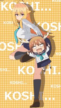 +++ 2girls :3 ahoge antlers aqua_neckerchief artist_name bambi2000line blonde_hair blue_skirt blush breasts brown_hair brown_shoes chibi convenient_censoring deer_antlers deer_girl drop_shadow from_behind grey_socks grid_background hair_between_eyes hair_flaps highres hino_minami_high_school_uniform horns jumping koshi_torako large_breasts leg_up long_hair long_sleeves looking_at_viewer multiple_girls neckerchief o_o outstretched_arms school_uniform serafuku shikanoko_noko shikanoko_nokonoko_koshitantan shirt shoes short_hair sidelocks signature skirt socks spread_arms standing standing_on_one_leg sweatdrop v-shaped_eyebrows white_shirt yellow_background