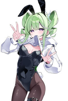1girl absurdres animal_ears black_leotard black_pantyhose blush breasts chaum clothes_lift double_v double_w drill_hair fake_animal_ears fake_tail green_hair heart heart_o-ring highleg highleg_leotard highres hood hoodie hoodie_lift leotard lifting_own_clothes long_sleeves looking_at_viewer mouth_hold o-ring pantyhose playboy_bunny purple_eyes rabbit_ears rabbit_tail sidelocks simple_background small_breasts solo stellive strapless strapless_leotard tail thigh_strap twin_drills twintails v w white_background white_hoodie yuzuha_riko