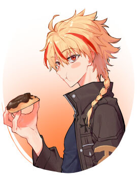 Rule 34 | 1boy, absurdres, arm up, black jacket, black shirt, blonde hair, blush stickers, braid, chewing, collared jacket, cropped torso, donut, eating, fate/strange fake, fate (series), food, from side, highres, holding, holding donut, holding food, jacket, looking to the side, male focus, multicolored hair, nanacho09, open clothes, open jacket, popped collar, red eyes, richard i (fate), shirt, side braid, sideways glance, solo, streaked hair, white background