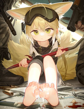 1girl absurdres animal_ears arknights asymmetrical_pants barefoot black_scarf blonde_hair blood crowbar cum cum_on_body cum_on_feet fingerless_gloves fox_ears fox_girl fox_tail gloves goggles goggles_on_head green_eyes gun highres holding holding_crowbar holding_weapon legs_together multiple_tails newspaper official_alternate_costume on_ground scarf shell_casing sitting soles solo suzuran_(arknights) suzuran_(lostlands_flowering)_(arknights) tail tianliang_duohe_fangdongye toes tooth weapon