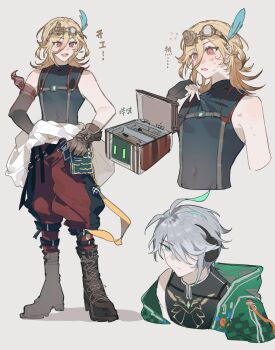 Rule 34 | 2boys, :d, alhaitham (genshin impact), antenna hair, appleboneeee, arm scarf, asymmetrical gloves, belt, black gloves, black shirt, blonde hair, blush, boots, braid, brown boots, brown gloves, chest harness, chinese commentary, clothes around waist, commentary request, compression shirt, covered collarbone, covered navel, elbow gloves, eyelashes, feather hair ornament, feathers, fingerless gloves, flying sweatdrops, frown, genshin impact, gloves, goggles, goggles on head, green eyes, green hair, grey background, grey hair, hair between eyes, hair ornament, hair over one eye, hand up, harness, headphones, highres, jumpsuit, jumpsuit around waist, kaveh (genshin impact), kaveh (teyvat turboflux) (genshin impact), lace-up boots, long hair, male focus, mechanic, mehrak (genshin impact), mismatched gloves, multicolored hair, multiple boys, multiple views, one eye covered, open mouth, parted bangs, racing suit, red eyes, red jumpsuit, ribbon, shirt, short hair, simple background, single elbow glove, sleeveless, sleeveless shirt, smile, sweat, swept bangs, tool belt, toolbox, translation request, turtleneck, upper body, yellow ribbon