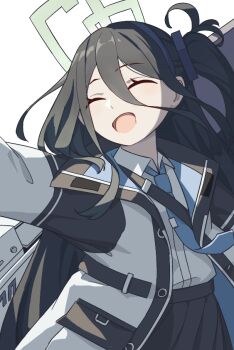 1girl :d ^_^ aris_(blue_archive) black_hair black_hairband black_jacket black_skirt blue_archive blue_jacket blue_necktie closed_eyes collared_shirt commentary double-parted_bangs facing_to_the_side fantasyismyname hair_between_eyes hairband halo happy jacket long_bangs long_hair long_hair_between_eyes long_sleeves multicolored_jacket necktie one_side_up open_clothes open_jacket open_mouth outstretched_arm pleated_skirt rectangular_halo school_uniform shirt shirt_tucked_in sidelocks simple_background skirt smile solo tie_clip two-sided_fabric two-sided_jacket upper_body very_long_hair weapon weapon_on_back white_background white_jacket white_shirt