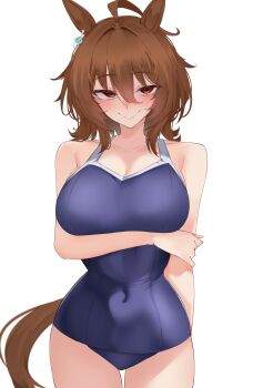 1girl absurdres agnes_tachyon_(umamusume) ahoge animal_ears arm_under_breasts blue_one-piece_swimsuit breasts brown_hair brown_tail cleavage closed_mouth commentary covered_navel cowboy_shot hair_between_eyes hair_intakes highres horse_ears horse_girl horse_tail huge_ahoge large_breasts long_hair_between_eyes looking_at_viewer medium_hair one-piece_swimsuit red_eyes simple_background smile solo swimsuit tail thighs umamusume white_background xkittyzx