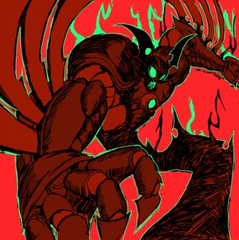 arm_blade armor aura biomechanical claws demon_wings full_body genc getter_arc getter_robo getter_robo_arc glowing glowing_eyes green_outline head_wings mecha mecha_focus open_mouth outline reaching reaching_towards_viewer red_armor red_background red_theme robot super_robot weapon wings