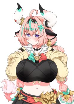 Rule 34 | 1girl, 1other, ahoge, animal ears, black skirt, blush, bottle, breasts, commentary, cow ears, cow girl, cow horns, cow tail, crop top, english commentary, genshin impact, gosang, heart, heart-shaped pupils, highres, holding, holding bottle, horns, huge breasts, jacket, lactation, lactation through clothes, midriff, navel, pink hair, purple eyes, skirt, symbol-shaped pupils, tail, varesa (genshin impact), variant set, white background, yellow jacket
