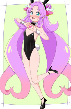 Rule 34 | 1girl, absurdres, aikawa ryou, akechi anna, animal ears, bare shoulders, black bow, black bowtie, black hairband, black leotard, black shoes, blue eyes, blush, bow, bowtie, breasts, commentary request, cure answer, double bun, fake animal ears, forehead, full body, gradient hair, green background, hair bun, hairband, heart, heart hands, high heels, highres, leotard, long hair, looking at viewer, meitantei precure!, multicolored hair, nose blush, open mouth, pink hair, playboy bunny, precure, purple hair, rabbit ears, rabbit tail, shoes, small breasts, small sweatdrop, solo, standing, standing on one leg, strapless, strapless leotard, sweat, tail, thick eyebrows, tiptoes, two-tone background, very long hair, white background, wrist cuffs