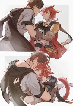 2boys adventurer_(ff14) animal_ears black_scarf border braid braided_ponytail brown_cape brown_gloves brown_hair cape cat_boy cat_ears cat_tail closed_eyes commentary elbow_gloves expressionless face-to-face facial_mark final_fantasy final_fantasy_xiv fingerless_gloves fringe_trim from_side g'raha_tia gloves grey_background grey_shirt hair_ornament hand_on_another's_back hand_on_another's_head highres hug hyur jacket jewelry looking_at_another male_focus mid.m miqo'te multiple_boys multiple_views neck_tattoo open_mouth outside_border pendant ponytail red_eyes red_hair red_jacket scarf sequential shirt short_hair short_ponytail shoulder_guard simple_background single_braid swept_bangs tail tail_raised tattoo upper_body warrior_of_light_(ff14) white_border x_hair_ornament