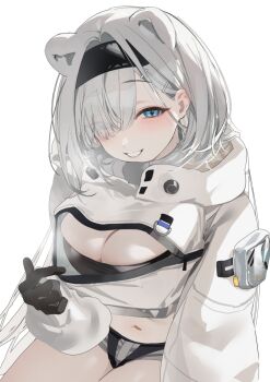 Rule 34 | 1girl, animal ears, arknights, aurora (arknights), bear ears, bear girl, between breasts, black gloves, black hairband, blue eyes, breasts, commentary request, gloves, grey hair, grin, hair ornament, hairband, hairclip, head between breasts, highres, long sleeves, looking at viewer, midriff, navel, okometu b, shorts, simple background, smile, solo, trembling, white background, zipper