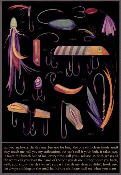 analogous_colors black_background border english_text feathers fish_hook fishing_lure grey_border highres hook lure no_humans object_focus orange_feathers original purple_feathers purple_theme quezify text_focus yellow_text