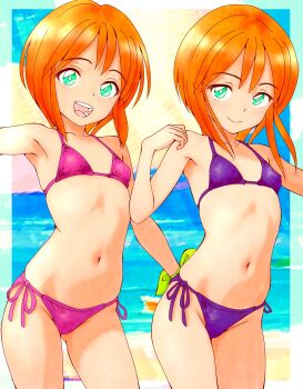 2girls armpits beach bikini commentary_request cropped_legs day elpeo_puru flat_chest green_eyes gundam gundam_zz highres kotonoha1216 multiple_girls navel open_mouth orange_eyes pink_bikini purple_bikini puru_two short_hair side-tie_bikini_bottom smile standing swimsuit teeth