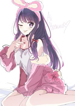 1girl camisole cardigan character_name commentary highres hoshino_ai long_hair looking_at_viewer nail_polish one_eye_closed open_cardigan open_clothes oshi_no_ko pink_cardigan pink_streaks purple_eyes purple_hair red_nails risdelusions sidelocks sitting solo star-shaped_pupils star_(symbol) symbol-only_commentary symbol-shaped_pupils tongue tongue_out white_camisole