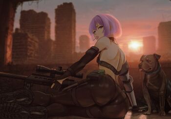 1girl ass back black_shoes building candy chupa_chups commentary dgkamikaze dog english_commentary food food_in_mouth from_behind gun highres indie_virtual_youtuber k9_(dog) knife lollipop pouch purple_eyes purple_hair rifle ruins saliva scope second-party_source shoes short_hair skyscraper sniper_rifle solo sun sunset vadervade virtual_youtuber weapon