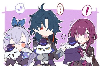 ! ... =_= bandaged_hand bandages bird black_coat black_gloves black_jacket blade_(honkai:_star_rail) blush caressing chinese_clothes closed_mouth coat fingerless_gloves fumiri_(2mm_3232) gloves green_hair grey_hair hair_over_one_eye hat height_difference honkai:_star_rail honkai_(series) hug jacket kafka_(honkai:_star_rail) long_sleeves musical_note owl owlbert_(honkai:_star_rail) parted_bangs purple_eyes purple_gloves purple_hair red_eyes shirt silver_wolf_(honkai:_star_rail) speech_bubble top_hat upper_body v-shaped_eyebrows white_shirt white_sleeves