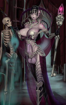 1futa aka6 armor bare_shoulders bikini_armor black_gloves black_hair blue_eyes bone bone_headdress breasts choker cleavage collar commentary crown curvy elbow_gloves english_commentary erection facing_viewer fantasy feet_out_of_frame full-package_futanari futanari gloves greaves hagoromo hand_on_own_chin headdress highres huge_breasts large_penis large_testicles lich long_hair looking_at_viewer major_injury_underreaction narrow_waist no_bra original parted_lips penis penis_out purple_lips revealing_clothes see-through_clothes shawl showgirl_skirt skeleton skull solo solo_focus staff standing stroking_own_chin testicles tsurime uncensored urethral_bulge urethral_insertion when_you_see_it