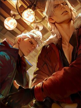 black_shirt blue_eyes breast_pocket coat dante_(devil_may_cry) devil_may_cry_(series) facial_hair jacket long_sleeves male_focus nero_(devil_may_cry) open_clothes open_coat open_jacket parted_hair pocket red_coat red_jacket shirt t4gamo unzipped upper_body white_hair zipper