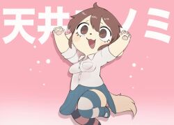 1girl :3 :d animal_ears animated arms_up blue_skirt breast_pocket breasts brown_eyes brown_hair buttons dog_ears dog_girl dog_tail floppy_ears furry furry_female gradient_background jumping looping_animation open_mouth original panties pawpads pink_background pink_panties pocket shirt skirt sleeves_rolled_up smile solo striped_clothes striped_thighhighs tagme tail text_background thighhighs tory_(tory29) underwear upskirt video white_shirt