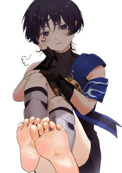 1boy aqua_gem armor black_bodysuit black_bridal_gauntlets black_hair black_shorts blue_cape blunt_ends blush bodysuit bridal_gauntlets cape commentary_request covered_collarbone eyeliner eyeshadow feet foot_focus from_below gem genshin_impact gold hakama hakama_shorts hand_on_own_face hand_on_own_knee hands_up highres japanese_armor japanese_clothes kote kurokote leg_warmers looking_at_viewer makeup male_focus open_mouth pleated_shorts puff_of_air purple_eyes red_eyeliner red_eyeshadow sahi00000 scaramouche_(genshin_impact) shorts single_bare_shoulder soles solo toes tsurime turtleneck turtleneck_bodysuit vision_(genshin_impact) wanderer_(genshin_impact) white_background white_leg_warmers white_mouth white_trim wispy_bangs