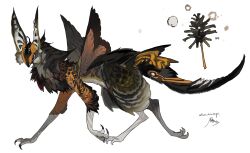 Rule 34 | animal focus, antennae, artist name, beak, black eyes, claws, feathered wings, from side, full body, highres, kamikiririp, monster, no humans, original, signature, simple background, solo, tail, white background, wings