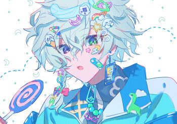 1boy :o absurdres bandaid bandaid_on_face blue_jacket candy commentary_request crescent crescent_hair_ornament decora dinosaur earrings food green_eyes grey_hair hair_ornament hanafuda_earrings heterochromia highres holding holding_candy holding_food holding_lollipop jacket jewelry lollipop male_focus matochi_(fa) multicolored_hair multicolored_jacket murakumo_kagetsu nijisanji open_mouth purple_eyes rainbow_hair short_hair simple_background solo star_(symbol) star_hair_ornament sticker sticker_on_face too_many_hair_ornaments triangle_hair_ornament two-tone_jacket virtual_youtuber watakumo_(murakumo_kagetsu) white_background white_jacket