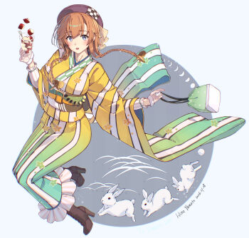 1girl bag beret blush boots braid breasts brown_hair commentary_request full_body green_kimono hat headband highres himeyamato japanese_clothes kantai_collection kimono long_hair medium_breasts obi rabbit sash teruzuki_(kancolle) twin_braids wide_sleeves yellow_kimono