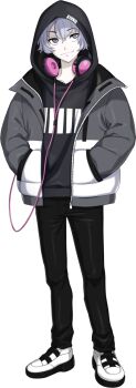 1boy black_pants closed_mouth coat full_body grey_eyes grey_hair hands_in_pockets headphones headphones_around_neck highres hood hoodie iwamoto_tatsurou official_art pants period_(megami_tensei) shin_megami_tensei shin_megami_tensei:_liberation_dx2 simple_background smile solo standing third-party_source transparent_background