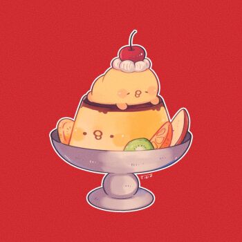 apple apple_slice baby_animal bird cherry chick chicken closed_eyes commentary food food_focus food_on_head fruit kimipiyo_(tenmiyakiyo) kiwi_(fruit) kiwi_slice no_humans object_on_head orange_(fruit) orange_slice original pudding red_background solo symbol-only_commentary tenmiyakiyo