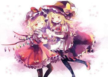 2girls apron ascot bat_wings blonde_hair bow braid crystal flandre_scarlet flower hair_bow hat hat_bow hat_ribbon hiyuu_(hiyualice) kirisame_marisa mob_cap multicolored_wings multiple_girls one_eye_closed one_side_up open_mouth puffy_short_sleeves puffy_sleeves red_eyes red_skirt red_vest reitaisai ribbon short_sleeves side_braid side_ponytail single_braid skirt skirt_set smile star_(symbol) touhou vest waist_apron white_bow white_hat wings witch_hat yellow_ascot yellow_eyes
