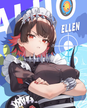 1girl absurdres aluo_7762 belt belt_buckle black_dress breasts brown_hair buckle bullet_hole character_request collar crossed_arms crosshair dress ellen_joe fins fish_tail highres large_breasts looking_at_viewer maid_headdress multicolored_hair nail_polish parted_lips red_eyes red_hair red_nails shark_girl shark_tail sharp_teeth short_hair short_sleeves solo tail teeth two-tone_hair upper_body v-shaped_eyebrows wrist_cuffs zenless_zone_zero