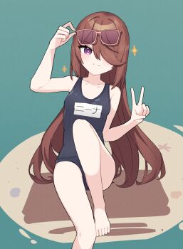 1girl absurdres barefoot black_one-piece_swimsuit blush breasts brown_hair closed_mouth collarbone hair_over_one_eye highres indie_virtual_youtuber long_hair lyrinne nina_saotome one-piece_swimsuit purple_eyes school_swimsuit solo sparkling_eyes sunglasses swimsuit v virtual_youtuber